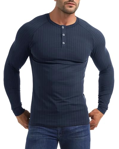 Yewloch Herren Longsleeve Muskel Henley Pullover,Slim Fit Kurzarm/Langarmshirts,Baumwolle Grandad Ausschnitt Henley Sweatshirt,Lässiges Geripptes Stretch Tops Herren Blau, 2XL von Yewloch