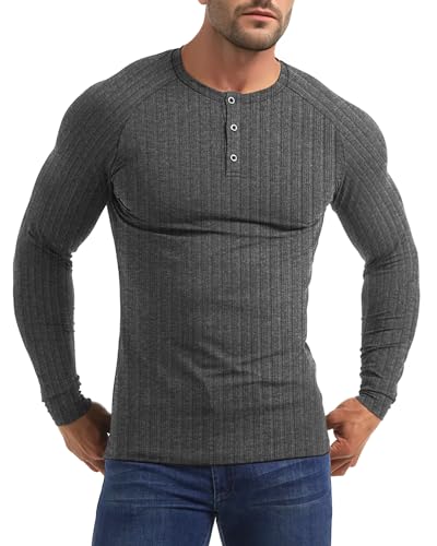 Yewloch Herren Longsleeve Muskel Henley Pullover,Slim Fit Kurzarm/Langarmshirts,Baumwolle Grandad Ausschnitt Henley Sweatshirt,Lässiges Geripptes Stretch Tops Herren Dunkelgrau, M von Yewloch