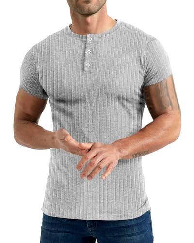 Yewloch Herren Longsleeve Muskel Henley Pullover,Slim Fit Kurzarm/Langarmshirts,Baumwolle Grandad Ausschnitt Henley Sweatshirt,Lässiges Geripptes Stretch Tops Herren Grau, L von Yewloch