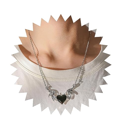 Yheakne Punk Schwarzes Herz Anhänger Halskette Schwarzes Herz Choker Halskette Gothic Liebe Herz Kette Halskette Dämonenflügel Halskette Choker Schmuck Für Frauen Und Mädchen von Yheakne