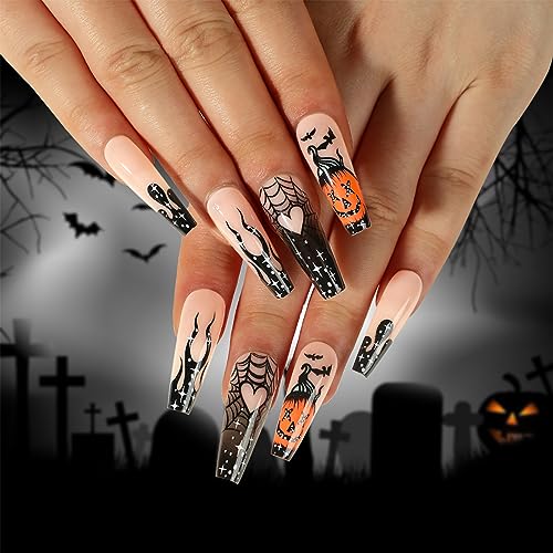 Künstliche Nägel mit Totenkopf-Motiv, Sarg, französische künstliche Nägel, Spitzen, Halloween, künstliche Nägel mit Gelee-Kleber, für Damen, Sarg, mit Designs von YiQinzcxg