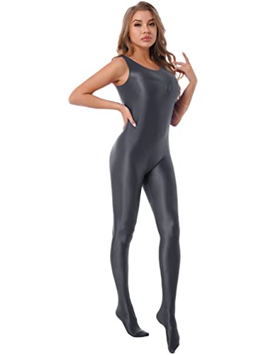 YiZYiF Damen Bodysuit Glänzend Wetlook Overall Nylon Ganzkörper Glossy Einteiler Jumpsuit Leggings Hose Trikotanzug Clubwear Grau_A XL von YiZYiF