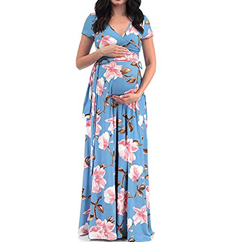 YiZYiF Damen Elegant Umstandskleid Festlich V-Ausschnitt Floral Muster Maxikleid Schwanger Umstandsmode Kleidung Kleid für Hochzeit Urlaub Sommer Blau XXXL von YiZYiF