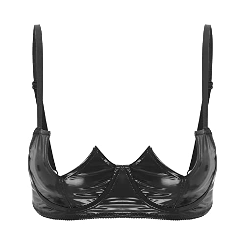 YiZYiF Damen Lackleder BH Ouvert Leder Büstenhebe Bralette Push Up Brust Offen Dessous Top Nippelfrei Lingerie Erotik Unterwäsche A_Schwarz XL von YiZYiF