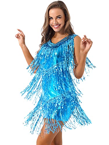 YiZYiF Damen Pailletten Tanzkleid Quasten Rumba Tango Latein Kleid Glitzer Party Cocktail Abendkleid Ballroon Performance Dancewear Himmelblau L von YiZYiF