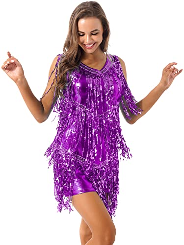 YiZYiF Damen Pailletten Tanzkleid Quasten Rumba Tango Latein Kleid Glitzer Party Cocktail Abendkleid Ballroon Performance Dancewear Violett M von YiZYiF