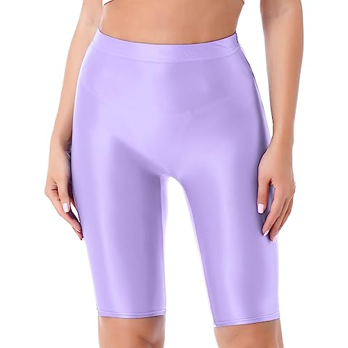 YiZYiF Damen Shiny Metalic Leggings Glanz Glossy Kurze Hose Sport Fitness Tanz Shorts Hochglanzgamaschen Pants High Waist A_Hellviolett XL von YiZYiF