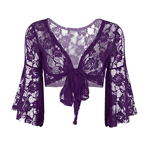 YiZYiF Damen Spitzen Bolero Bauchtanz Oberteil Langarm Vorne Offen Cardigan Shrug Tops Bikini Cover Up Wickeljacke zum Tanzkleid Abendkleid Violett Einheitsgröße von YiZYiF