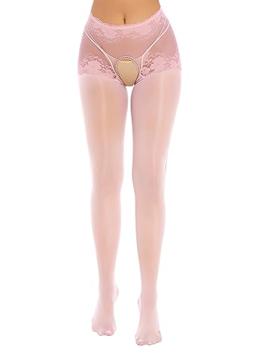 YiZYiF Damen Transparente Strumpfhose Ouvert Glanz Nylon Strümpfe Pantyhose Im Schritt Offen Reizwäsche Rosa_D L von YiZYiF