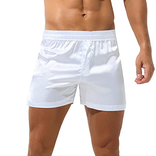 YiZYiF Herren Boxershorts Satin Glanz Boxer Briefs Seide Optik Schlafanzug Pyjamahose Shorts Locker Trunk Unterhose Weiß D XL von YiZYiF