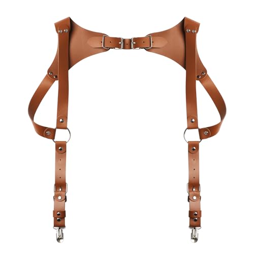 YiZYiF Herren PU-Leder Hosenträger mit Metall Clip/Haken Einstellbare Brust Harness Körper Gürtel Cosplay Riemen Gürtel Cliptyp Braun One Size von YiZYiF