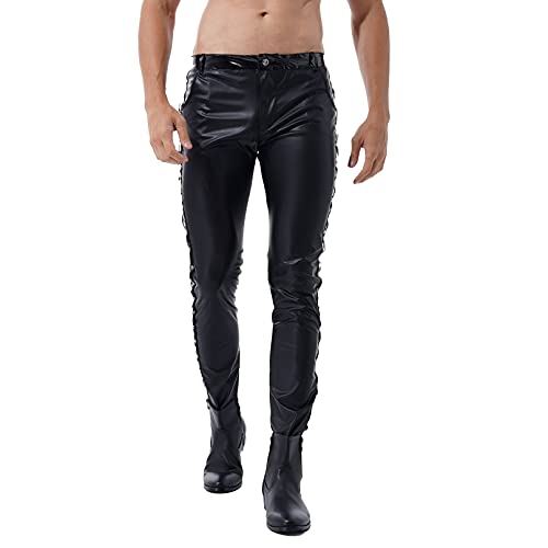 YiZYiF Herren Lack Leder Hose Pants Wetlook Leggings Skinny mit Reißverschluss Elastisch Lackoptik Lederhose Slim Fit Schwarz M-4XL Schwarz D M von YiZYiF