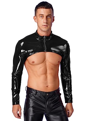 YiZYiF Herren Lackleder Jacke Crop Top Bauchfrei Glänzend Leder Schulterjacke Wetlook Muskelshirt Gogo Rave Party Clubwear A_Schwarz XL von YiZYiF