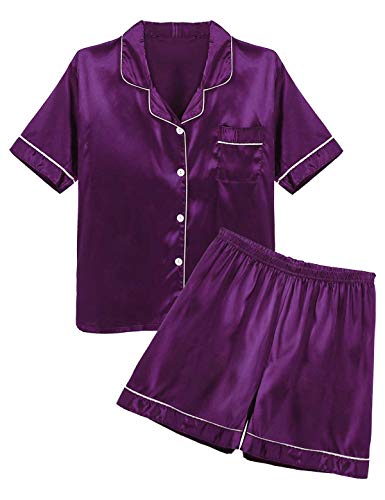 YiZYiF Herren Schlafanzug Kurz/Lang Pyjama Satin Sommer Nachtwäsche Kurzarm Langarm Schlafoberteil mit Shorts Hose Klassische Sleepwear Hausanzug L-3XL Violett M von YiZYiF