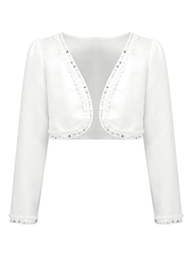 YiZYiF Kinder Mädchen Bolero Festlich Satin Strickjacke Schulterjacke Kurzjacke zum Hochzeit Geburtstag Party Kommunionkleid Gr.86-164 Weiß 134-140/9-10 Jahre von YiZYiF