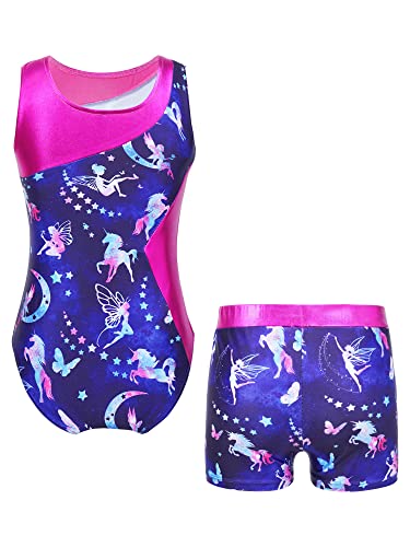 YiZYiF Mädchen Turnanzug Glänzend Gymnastik Leotards Ballett Trikot Tanz Body mit Shorts Kurze Hose Sport Overall Yoga Set Wettbewerb Tanzkostüm A_Marineblau 134-140/9-10 Jahre von YiZYiF