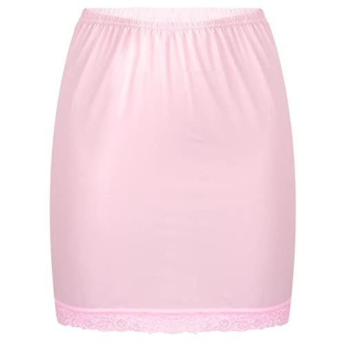 YiZYiF Unterröcke für Damen Nylon Kurz Halbrock Mit Spitze Knielang Dirndl Petticoat Schlauchrock Elastische Taille Halb Slip Underskirt Unterkleid Nachthemd Dessous Light Pink One Size von YiZYiF