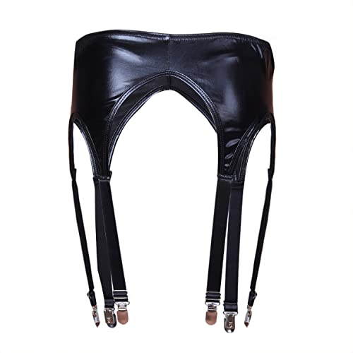 YiZYiF Wetlook Damen Strumpfgürtel Strapsgürtel Strumpfhalter mit G-String Lackleder Dessous Reizwäsche Nachtwäsche Gogo Kostüm Schwarz One Size von YiZYiF