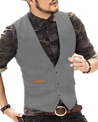 Yiaisafa Classic Herren Jagd Tweed Weste Retro Herringbone Anzug Weste Vintage Wollen Hochzeit Bräutigam Gilet Westen(Silber,XXL) von Yiaisafa