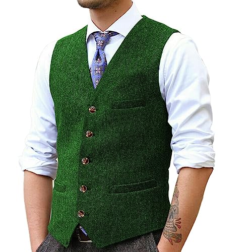 Yiaisafa klassisch Herren Anzug Weste Jagd Tweed Weste Herringbone Retro Vintage Wollen Hochzeit Bräutigam S-3XL(Grün,L) von Yiaisafa