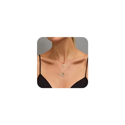 Yienate Boho Geschichtet Schmetterling Halskette Choker Gold Funky Doppel Schmetterling Anhänger Halskette Schlüsselbein Kette Rock Aussage Schmetterling Halskette Schmuck Für Frauen Und Mädchen von Yienate