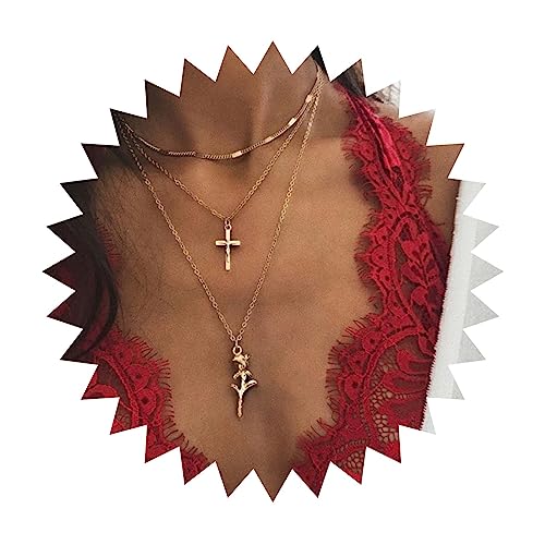 Yienate Boho Mehrschichtige Halskette Choker Vintage Gold Rose Kreuz Anhänger Halsketten Aussage Mehrschichtige Kreuz Halskette Rose Blume Anhänger Halskette Kette Schmuck Für Frauen Und Mädchen von Yienate