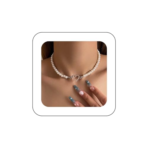 Yienate Boho Perlen Choker Halskette Kette Silber Herz Anhänger Halsketten Hochzeit Brautjungfern Weiß Zierliche Perle Choker Barock Perlenstränge Kette Schmuck Für Frauen Und Mädchen von Yienate