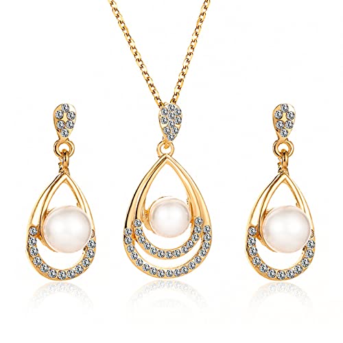 Yienate Braut Kristall Perlen Schmuck Set Perle Anhänger Halskette Zirkonia Strass Teardrop Dangle Perle Ohrring Set Gold Hochzeit Schmuck Set Für Frauen Mädchen von Yienate