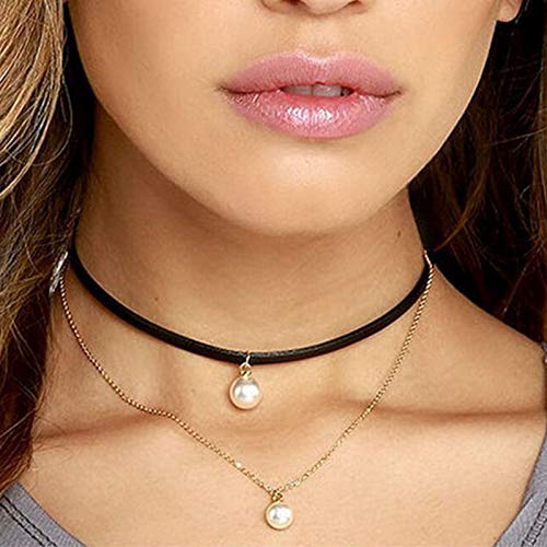 Yienate Fashion Layered Pearl Necklace Pearl Pendant Black Velvet Belt Choker Necklace Gold Chain Jewelry Accessories for Women and Girls von Yienate