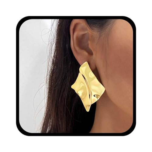 Yienate Funky Gold Geometrische Quadratische Ohrstecker Statement Unregelmäßige Zerknitterte Tropfenohrringe Große Geometrische Textur Ohrstecker Metall Quadratische Ohrringe Schmuck Für Frauen von Yienate