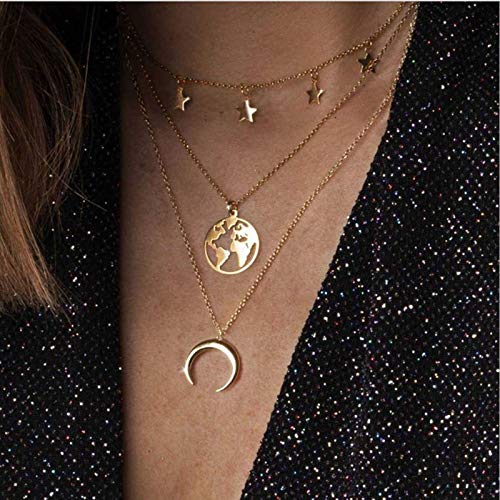 Yienate Mehrschichtige Weltkarte Anhänger Halskette Kette zierliche Stern Choker Halbmond Anhänger Halskette Layered Charm Halskette Schmuck für Frauen und Mädchen (Gold) von Yienate