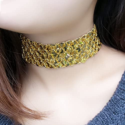 Yienate Punk Gold Pailletten Halskette Gothic Breite Gold Halskette Vintage Hochzeit Welle Fischschuppen Pailletten Breite Halskette Nachtclub Prom Funkelnde Pailletten Halskette Schmuck Für Frauen von Yienate