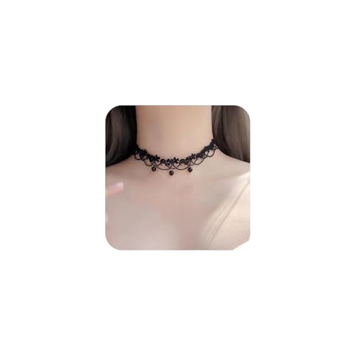 Yienate Vintage Spitze Choker Halskette Schwarz Gothic Spitze Muster Halskette Punk Quaste Schwarz Perle Anhänger Choker Prinzessin Braut Spitze Lolita Aussage Halskette Schmuck Für Frauen Mädchen von Yienate