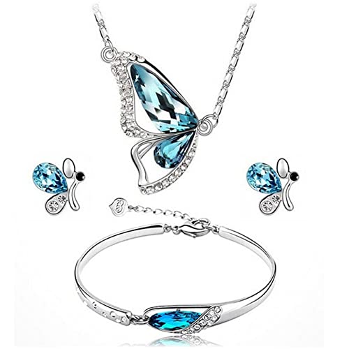 Yifnny Kristall Schmetterling Schmuck Set, 3 Stück Schmetterling Strass Anhänger Halskette Ohrringe und Armband Schmetterling Schmuck Set Hochzeit Brautschmuck für Mädchen Frauen (Blau) von Yifnny