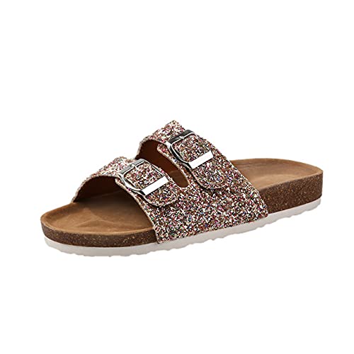 Yikoly Damen Herren Pantolette Bequeme Hausschuhe mit Kork-Fußbett Suede Glitzer Strass Sommer Sandalen Hausschuhe Sommer Indoor/Outdoor rutschfest (Pink, Numeric_39) von Yikoly