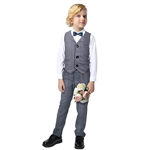 Smoking für Jungen 4 Stück Jungen Hochzeit Kleidung Set Kinder Anzug Set Weste Fliege Shirts Hosen Herren Outfits Kleidung Set Taufe Junge (Blau Plaid, 100) von Yilaku