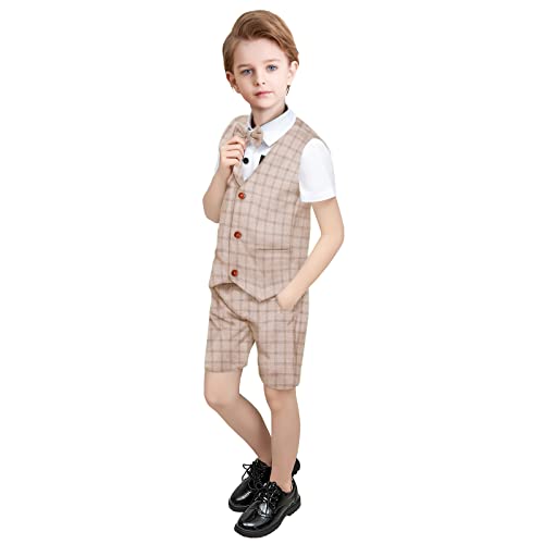 Yilaku 4-teiliger Festliche Kleidung Jungen Kurzarm Anzug für Sommer, Kinder Anzüge für Hochzeit, Weste + Hemd + Shorts + Fliege (Khaki,130) von Yilaku