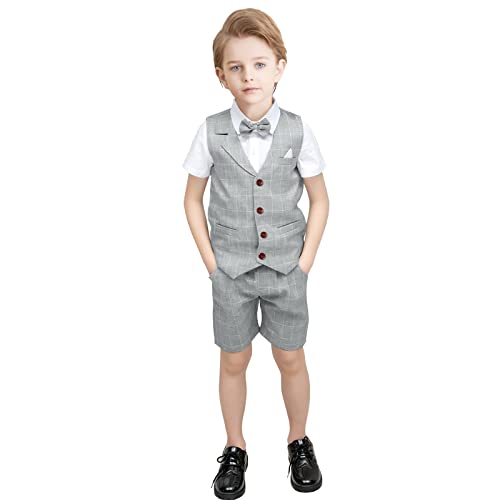 Yilaku Jungen Anzug Kleidung Set Weste + Kurze Hose + Hemd + Fliege 4-teilig Gentleman Outfits Set Jungen Smoking Set (Grau,110) von Yilaku