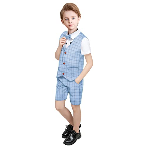 Yilaku Jungen Anzug Set 100% Baumwolle Kurzarm Hemd mit Fliege Weste und Kurze Hose 4 Stück Kleidung Kinder Sommer Kleidung Set (Blau,120 von Yilaku