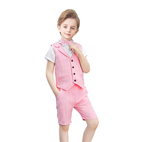 Yilaku Jungen Gentleman Outfits Anzug Set Jungen Hemd Fliege + Weste + Kurze Hosen Kinder Geburtstag Hochzeit Set (Rosa,100) von Yilaku