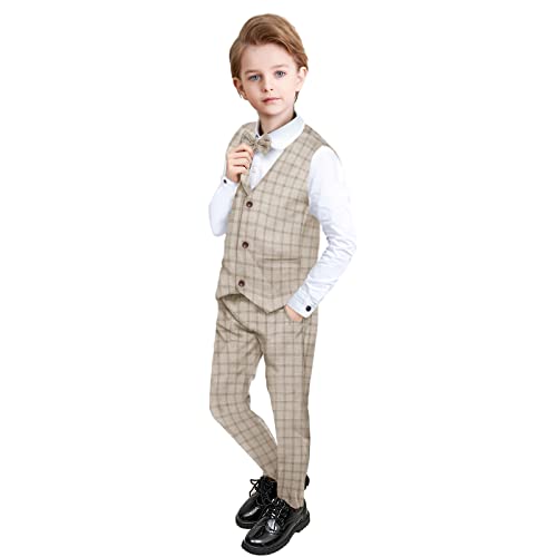 Yilaku Kinder Jungen Anzug Set Langarm Hemd mit Fliege + Weste + Hose Outfits Hochzeit Geburtstags Geschenke Kleidung Sets (Khaki, 130) von Yilaku