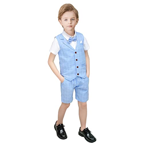 Yilaku Kinder Ringträger Outfit Smoking Set Jungen Formelle Kleider Anzüge Set Kinder Slim Fit Hochzeiten Party Kleidung Set (Himmelblau,140) von Yilaku