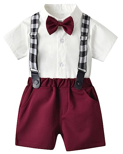 Yimutian Baby Jungen Gentleman Anzüge, Sommer Kurzarm Hemd mit Fliege + Hosenträger Shorts für Taufe Hochzeit Festliche Weinrot 18-24 Monate von Yimutian