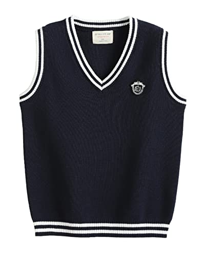 Yimutian Damen Mädchen Jungen Ärmellose Pullunder, Kinder V-Ausschnitt Strickpullover Westen, Schuluniform Pullover Strickweste Navy 160 von Yimutian