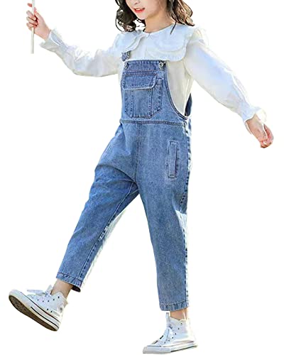 Yimutian Mädchen Jeans Latzhose Jumpsuit Lange Hose Overall mit Verstellbaren Hosenträgern Blau 160 von Yimutian