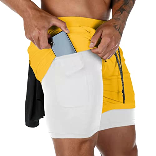 Yimutian Sportshorts Herren 2 in 1 Laufshorts Schnell Trocknende Kurze Sporthose mit Handytaschen für Workout Laufen Fitness Gelb M von Yimutian