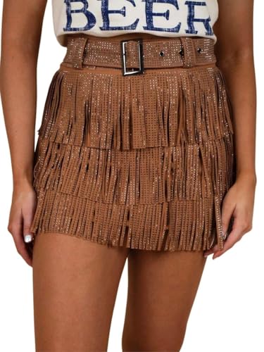 Yinawsky Frauen Sexy Hohe Taille Bodycon Split Faux Wildleder Rock Enge Pailletten Quaste Röcke Western Mini Bleistiftrock, Braun, Klein von Yinawsky