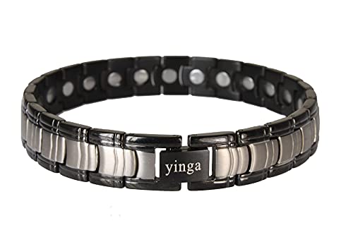 Modernes, extra leichtes Magnetschmuck Titan-Armband für Herren Silber mit schwarz-matt pulverisierten Seitenstreifen. von Yinga-Vital