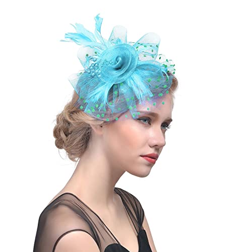 Modische Stirnbänder Hut für Frauen Teeparty Stirnband Hochzeit Blume Cocktail Netz Federn Haarclip (C-Himmelblau, Einheitsgröße) von Yinguo