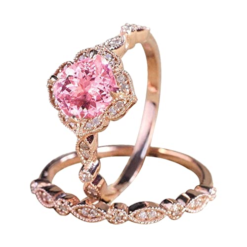 Pack of Rings Vintage Floral Champagne Verlobungsring Pink Diamant Ehering Ring-Set, rose, 34 von Yinguo